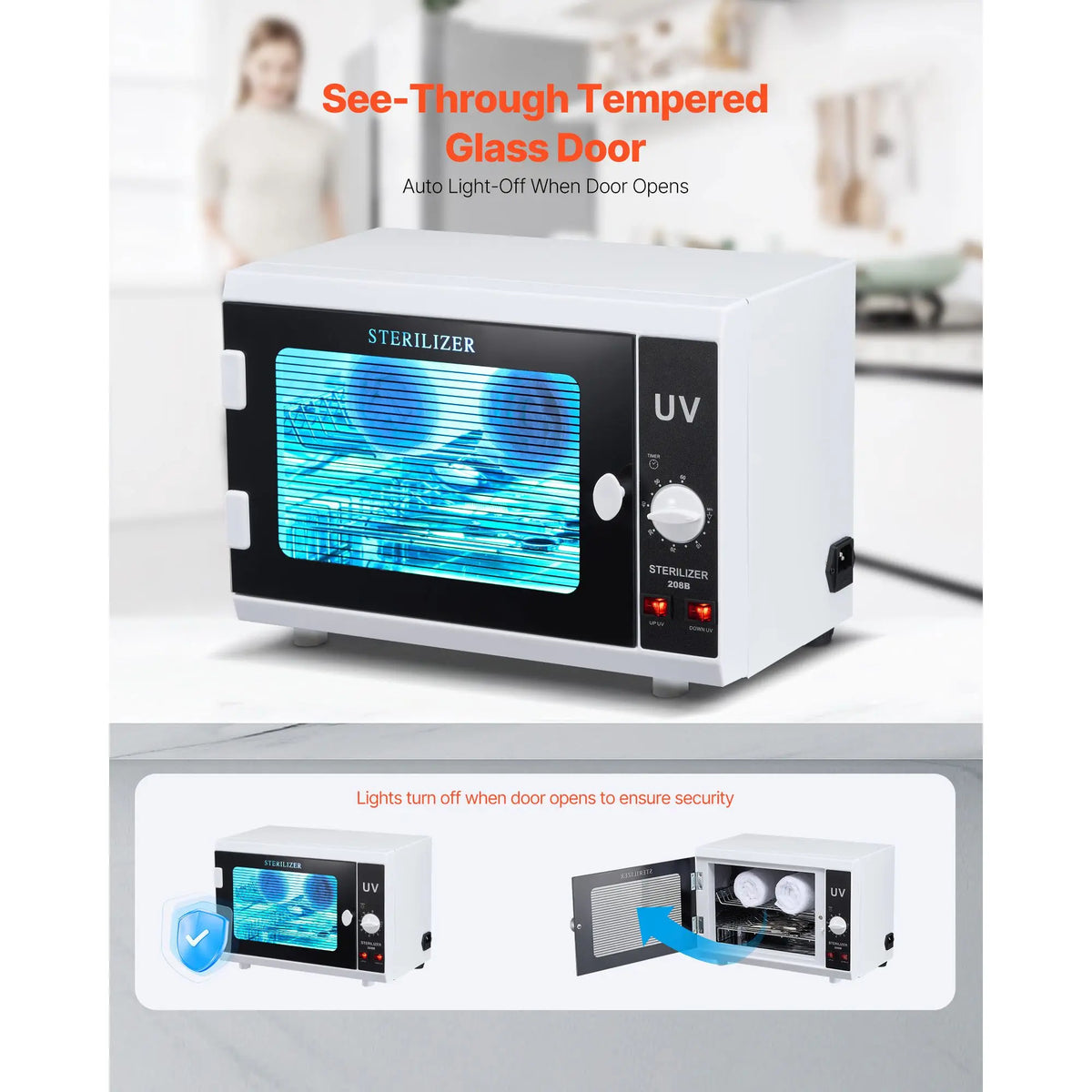 12L Large Capacity Nail Tool Cleaning Machine Knob Control Countertop UV Sterilization Cabinet Tempered Glass Door Timer Setting