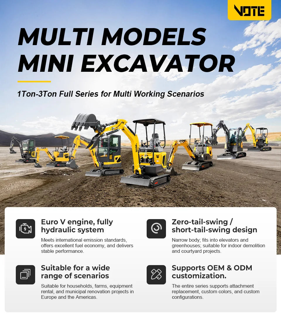 Mini Excavator 1 Ton EURO 5 Engine China Cheap 2 Ton Crawler 1.8 Ton Home Digger 1 T Bagger Farm For Sale Customized