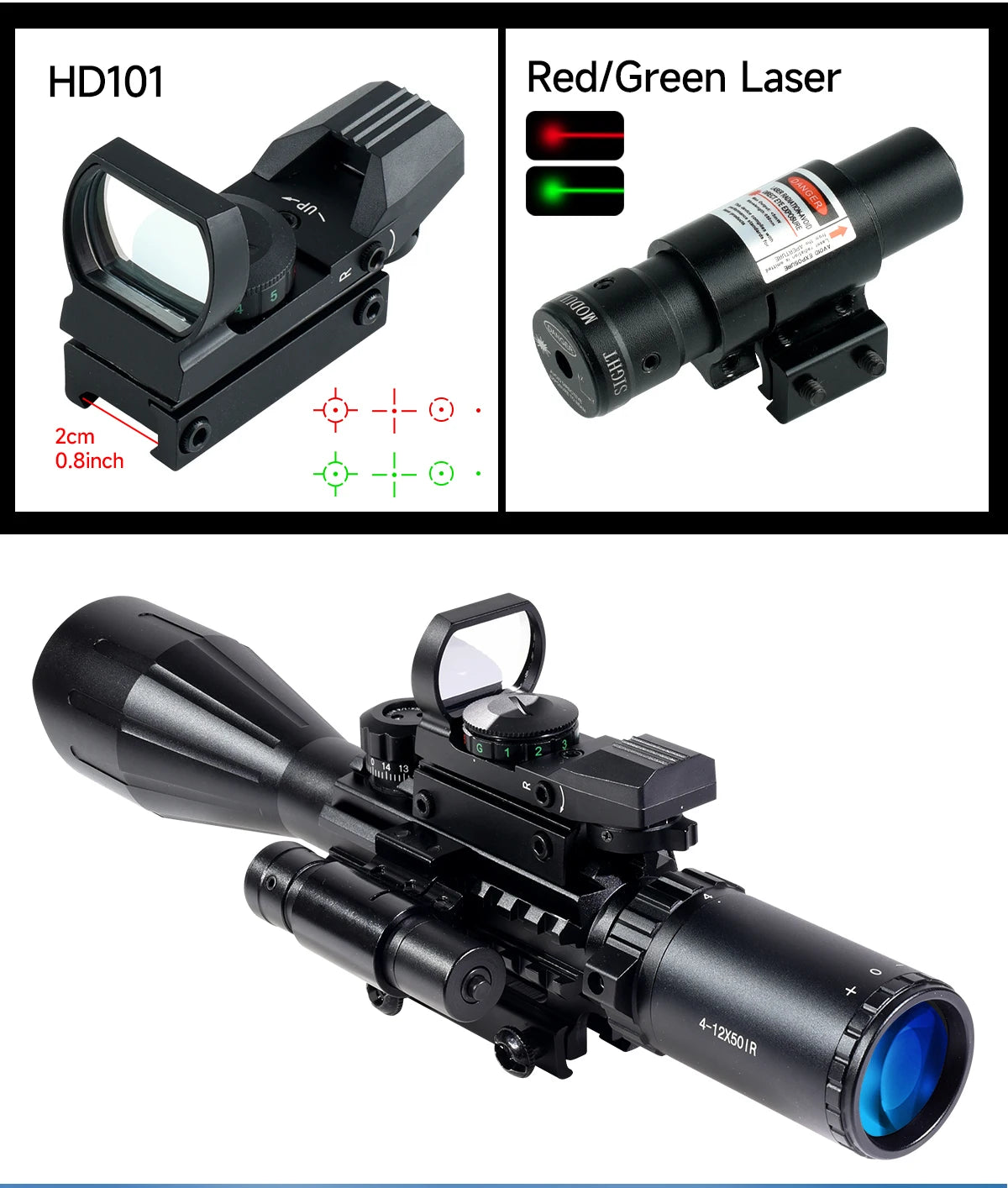4-12X50ir Scope Red Green Two Color Illumination with HD101 HD103 4 Points Reticle Red Dot Optics Sight Hunting Combo