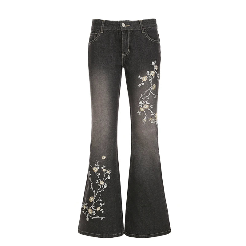 Weekeep Floral Embroidery Jeans Vintage 2000s Low Rise Flared Jeans Women Retro  Baggy Denim Pants High Street Basic Trousers