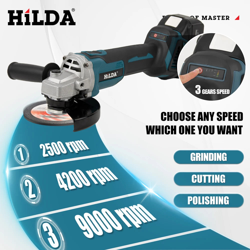 HILDA 21V Handheld Brushless Angle Grinder Cutting Rechargeable Electric Power Tool Polishing Machine Grinder for Makita Battery