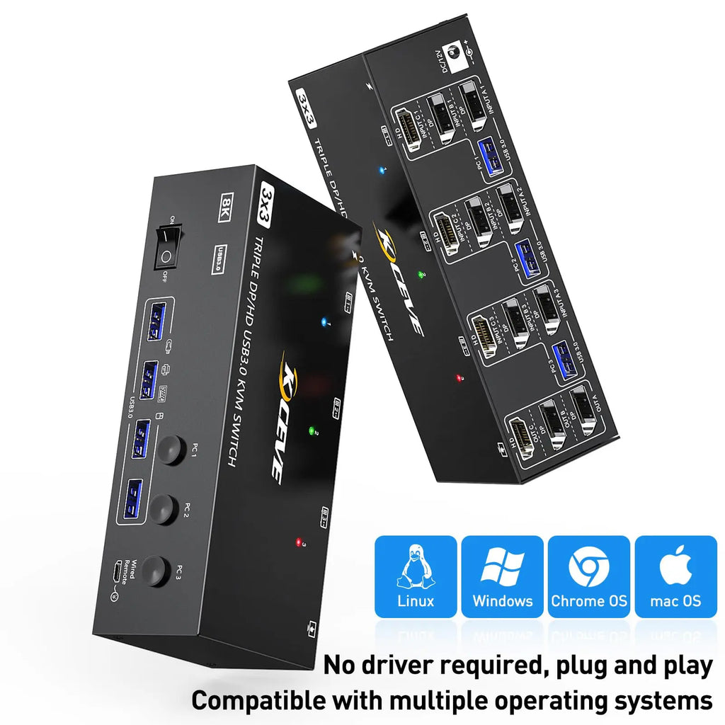 Triple/Dual HDMI/Displayport KVM Switch 3/2 Monitors 3/2 Computers USB 3.0 KVM for 8K@60Hz 4K@144Hz With 4 USB3.0 Keyboard Mouse