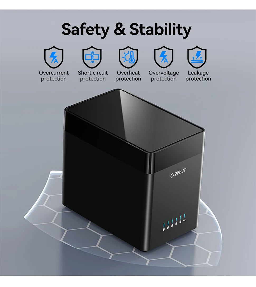 ORICO 5 Bay 3.5" SATA Hard Drive Enclosure HDD Docking Station USB 3.0 Type C External HD Case 90TB Storage Expansion 12V/6.5A