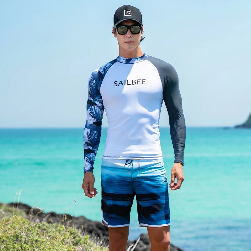 SAILBEE Men UV Protect Swimwear Long Sleeve Swimsuit Mens Rashguard Surfing Rash Guard Surf Shirt For Swimming Sail Drop Ship