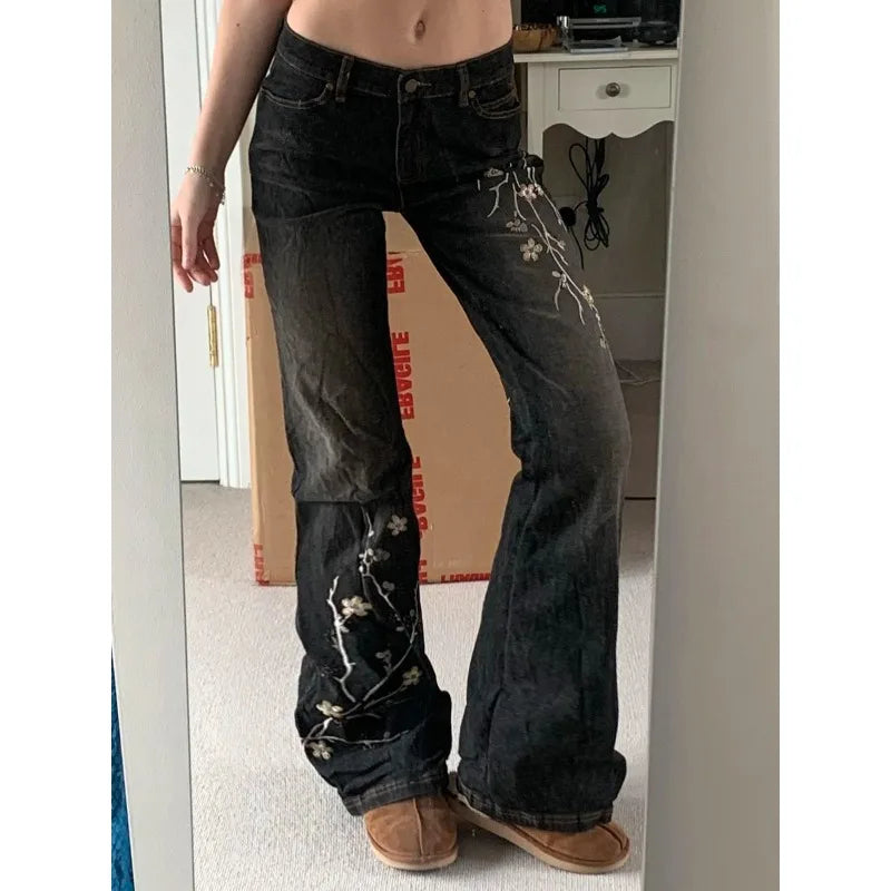 Weekeep Floral Embroidery Jeans Vintage 2000s Low Rise Flared Jeans Women Retro  Baggy Denim Pants High Street Basic Trousers