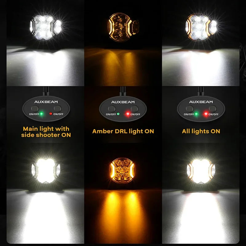 AUXBEAM 3 Inch 108W LED Side Shooter White Pod Lights with Amber DRL LED Driving Light for ATV UTV SUV Off Road