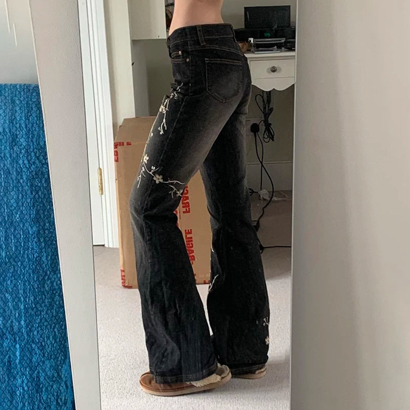 Weekeep Floral Embroidery Jeans Vintage 2000s Low Rise Flared Jeans Women Retro  Baggy Denim Pants High Street Basic Trousers