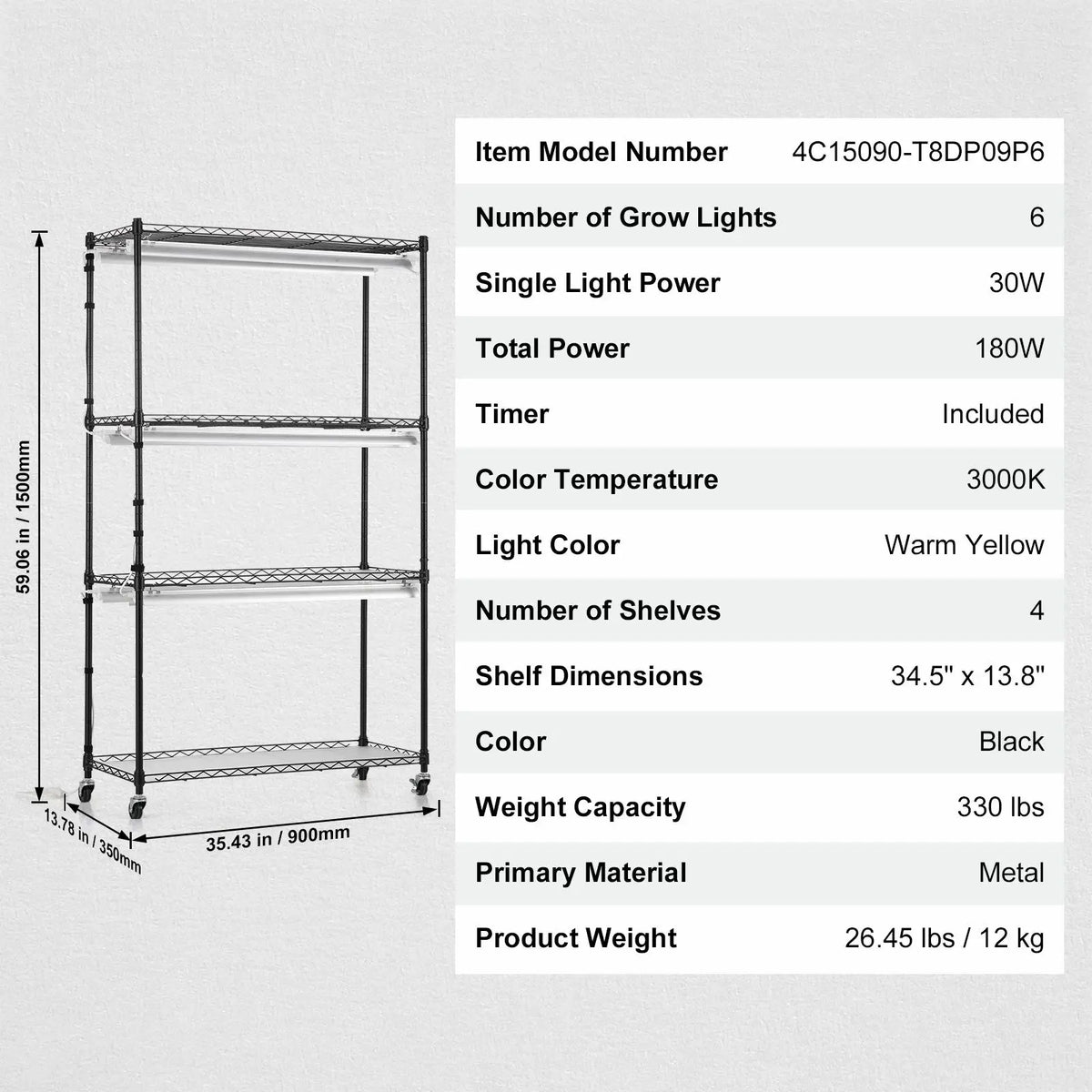 4-Tier 3000K 180W LED Full Spectrum Plant Stand Grow Light Indoor 180W LED Full Spectrum Light 4-Tier Plant Shelf Grow Light