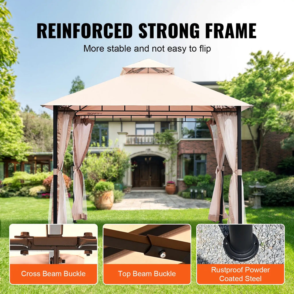 "10x10 FT Metal Frame Patio Gazebo with Mosquito Netting & PU Coated Polyester Canopy for 6-8 Person Backyard"