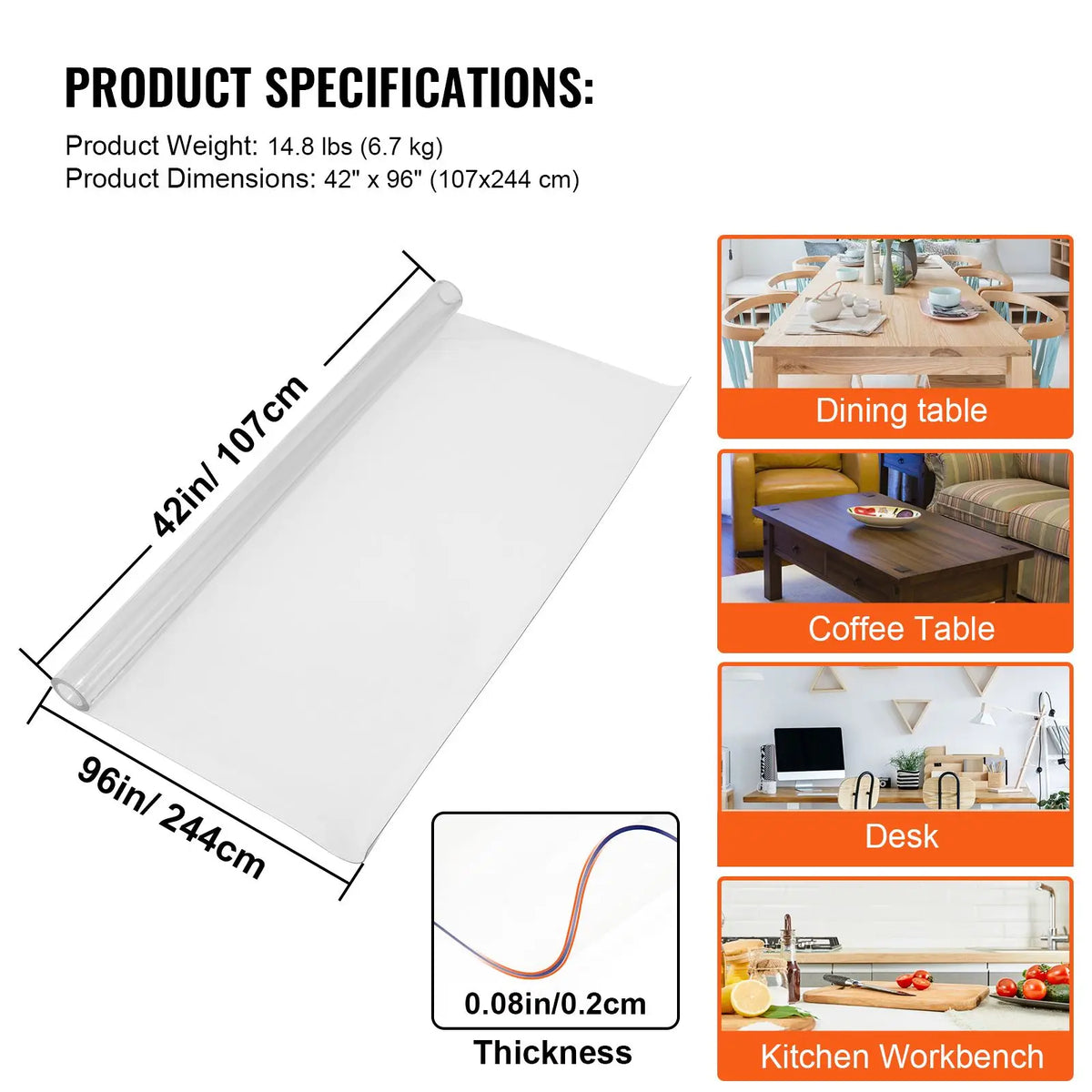 Transparent PVC Rectangle Table Cover 42\"x96\"x0.08\" Clear Desk Mat Water & Oil Proof Furniture Protector