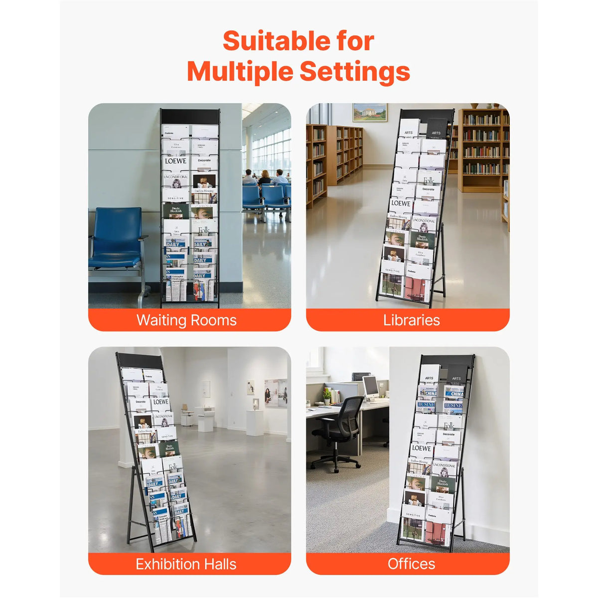 Portable 20-Pocket Brochure Display Rack Floor-Standing Metal Magazine and Newspaper Rack for Literature Display