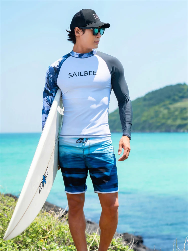 SAILBEE Men UV Protect Swimwear Long Sleeve Swimsuit Mens Rashguard Surfing Rash Guard Surf Shirt For Swimming Sail Drop Ship