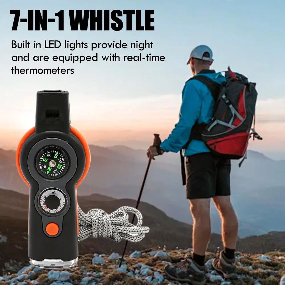 7in1 Emergency Survival Function Whistle Outdoor Multifunctional Survival Whistle with Lanyard Compass Flashlight Camping Hike ﻿