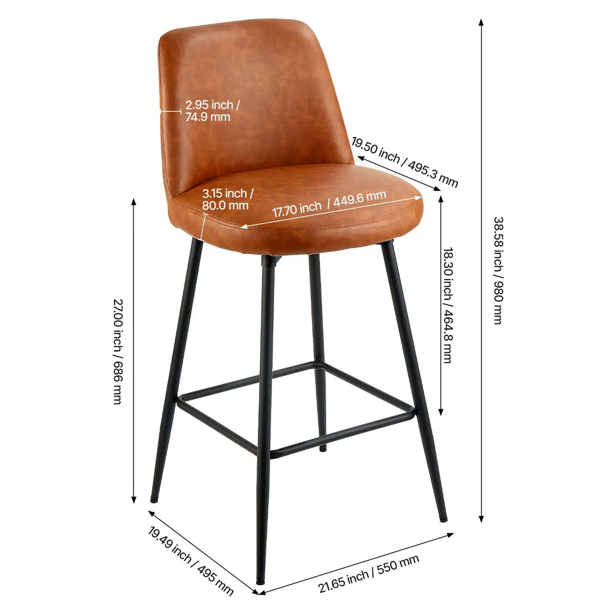 Set of 2 27-Inch Counter Height Swivel Bar Stools Modern PU Leather with Armrest Metal Backrest Legs for Home Commercial Use