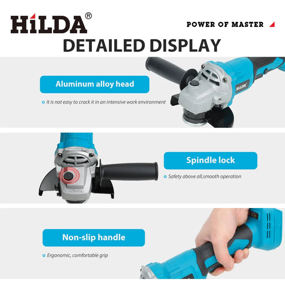 HILDA 21V Handheld Brushless Angle Grinder Cutting Rechargeable Electric Power Tool Polishing Machine Grinder for Makita Battery