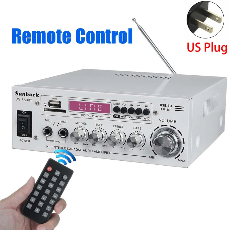 SUNBUCK AV-660BT Sound Amplifier CH 2.1 Power Amplifiers For Home Car Meeting Theater AMP Support EQ FM USB SD Card 2 Mic Input