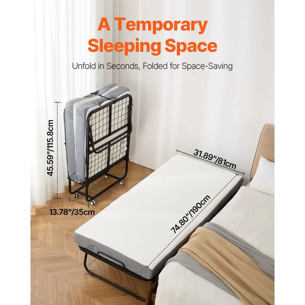 31 in X 75 in Folding Bed with 4 in Mattress Twin Size Rollaway Bed Sturdy Metal Frame with Memory Foam for Hotels