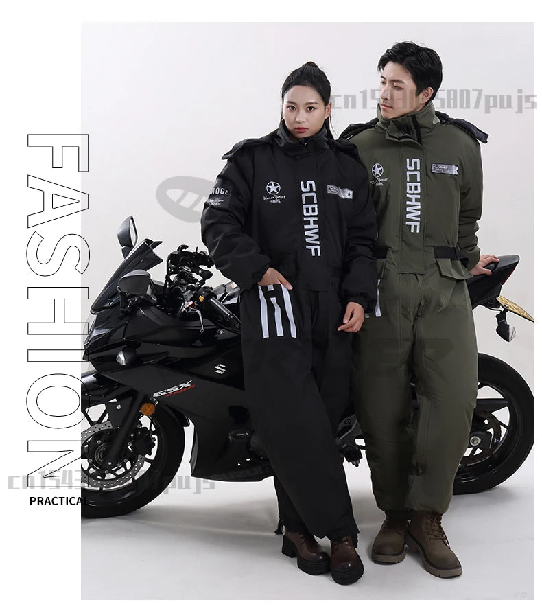 Winter Waterproof Windproof Ski Suit Thick Fleece Jumpsuit for Men Women, Cold Resistant Motorcycle Riding Suit