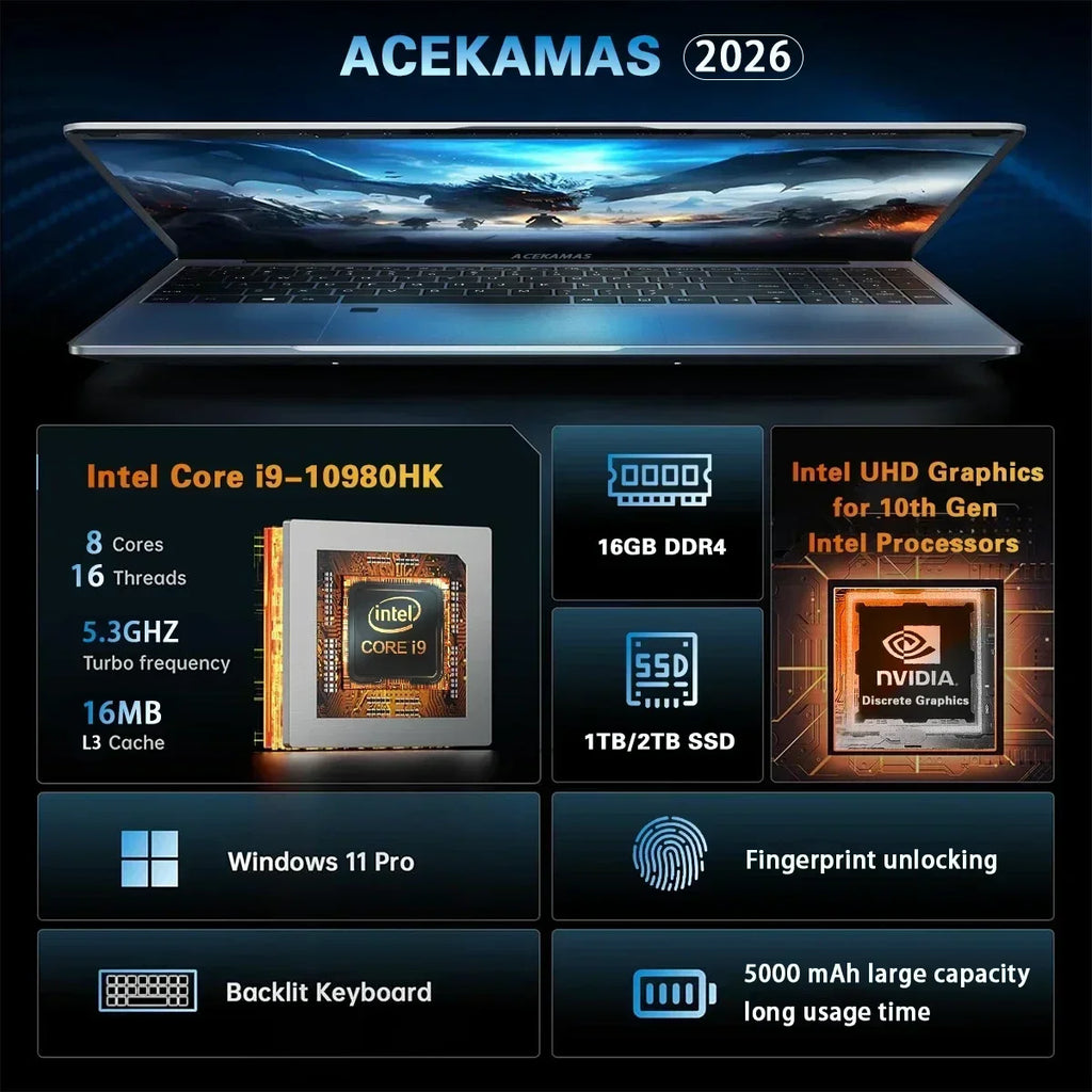 2026 New 14.1" intel Core i9-10980HK laptop 16GB RAM 1/2TB SSD Portable laptops Windows 11 Pro Office Gaming Notebook computer
