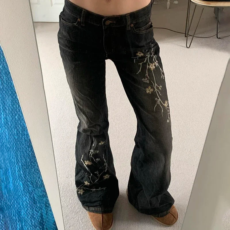 Weekeep Floral Embroidery Jeans Vintage 2000s Low Rise Flared Jeans Women Retro  Baggy Denim Pants High Street Basic Trousers