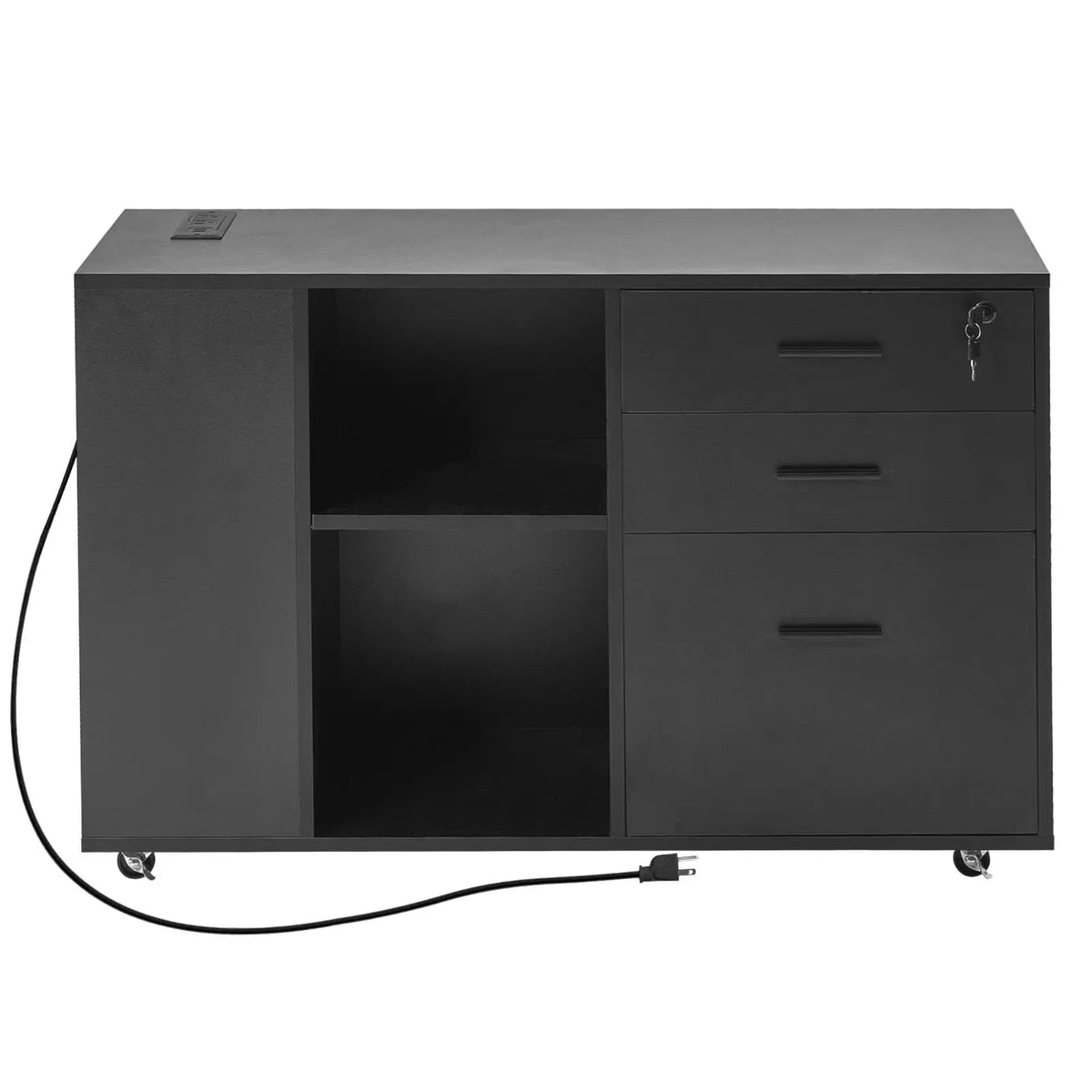 "Lockable Metal Rolling File Cabinet with 3 Drawers Power Strip & Adjustable Shelves"
