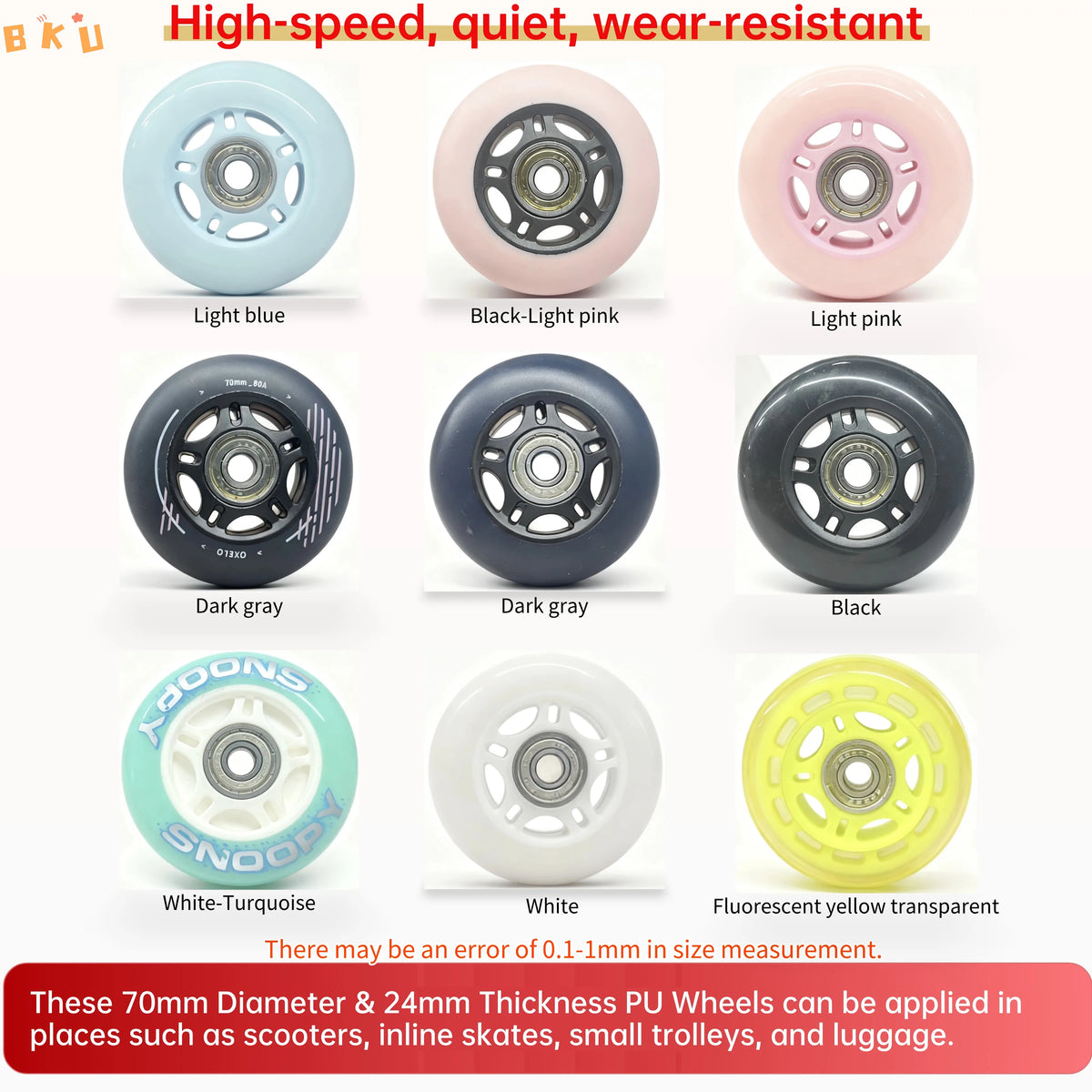 8-Pack Full Set Roller Skate Replacement 70mm Wheels, High-Speed Abec-7 608 Bearing Wheels for Skateboard/Scooter/Luggage