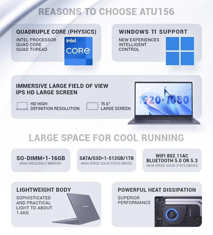 Firebat AT15 Laptop Intel N150 CPU 15.6 Inch 16GB RAM SSD 1TB Lightweight Business Windows 11 Pro Computer Notebook BT4.2 WiFi5