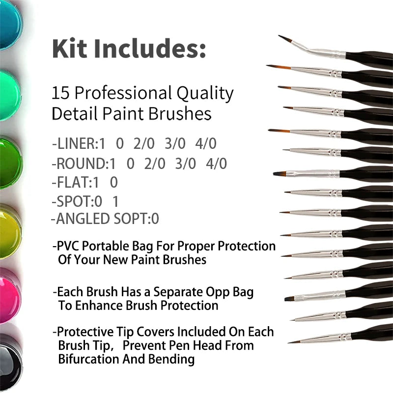 15 Pcs Miniature Hook Line Pen Painting Nylon Hair Multi Shape Pen Head Gouache Watercolor Oil Paint Artists Hand Painted Brush