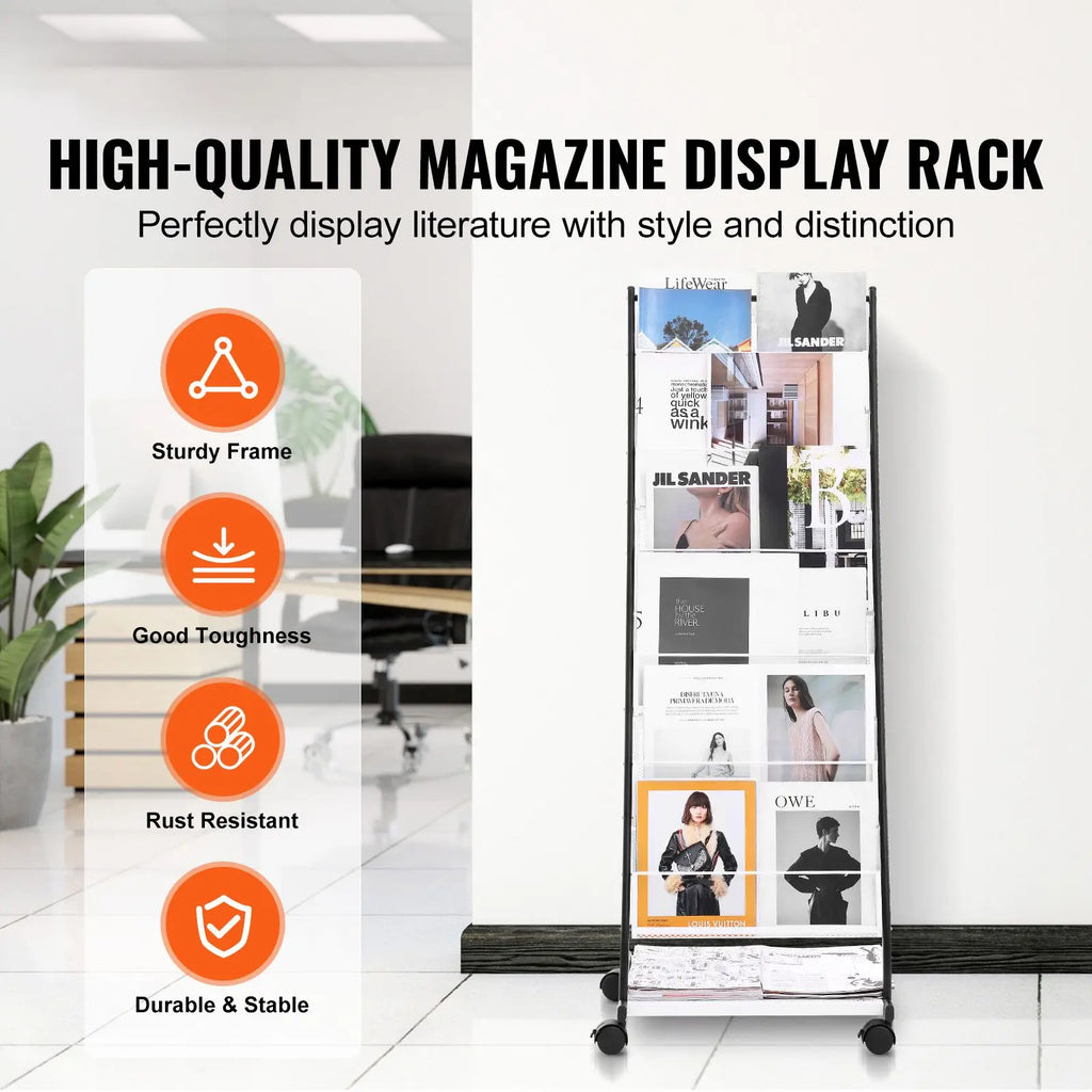 6-Tier Floor Standing Magazine Rack Display Stand Brochure and Newspaper Catalog Holder Mobile and Convenient