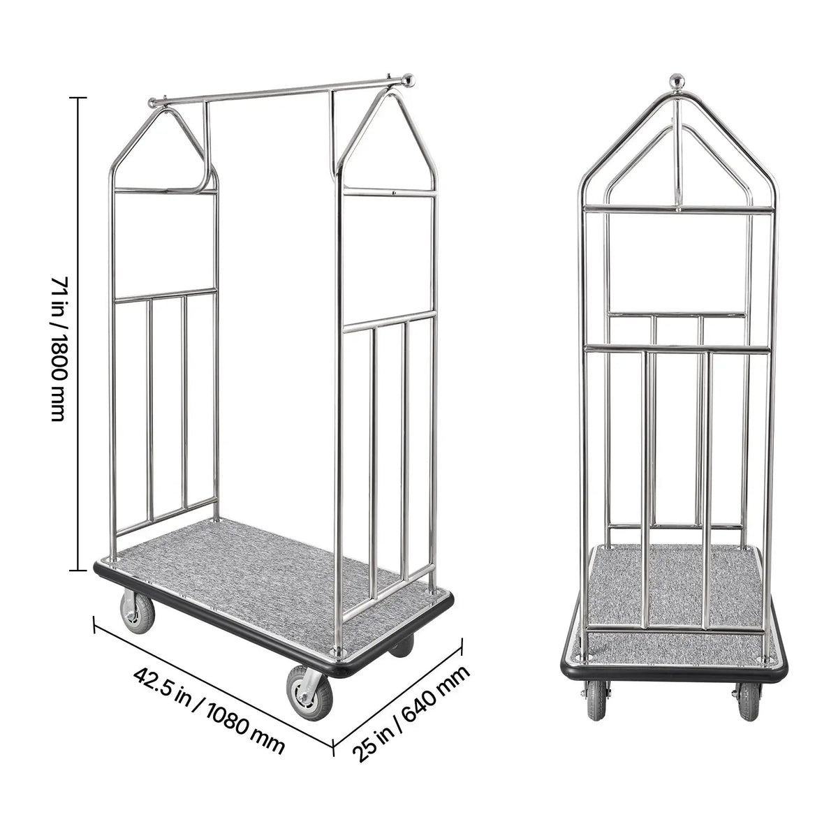 800 LBS Load Capacity Hotel Bellman Cart Brushed Stainless Steel with Grey Carpeted Deck FT s Cart Valet Trolley