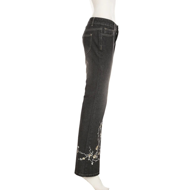 Weekeep Floral Embroidery Jeans Vintage 2000s Low Rise Flared Jeans Women Retro  Baggy Denim Pants High Street Basic Trousers