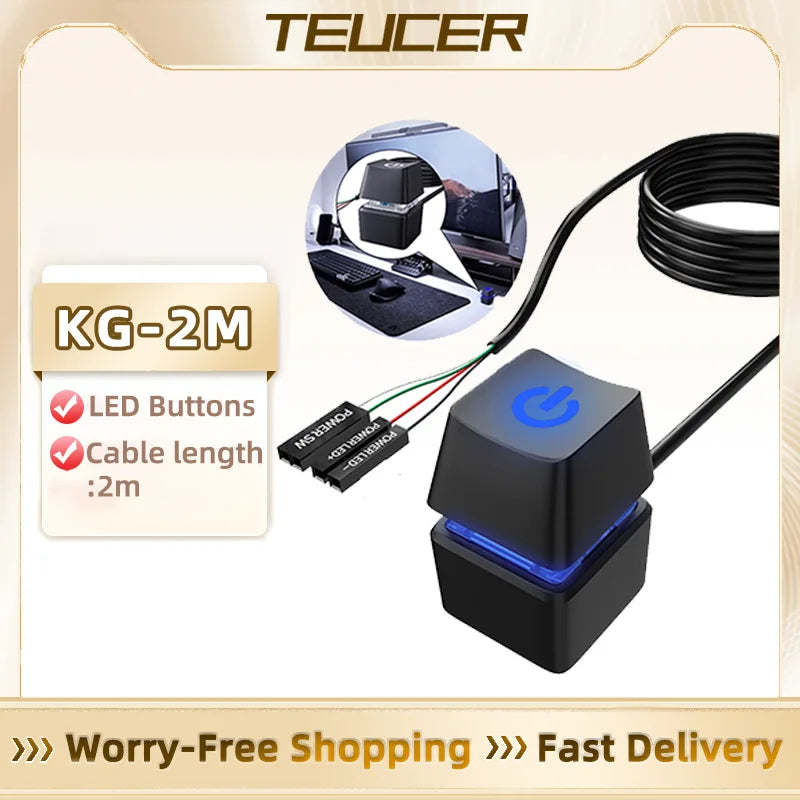 TEUCER Desktop Switch 2m Colorful LED Lights PC Motherboard External Start Power On/Off Button Extension Cable for Office Home