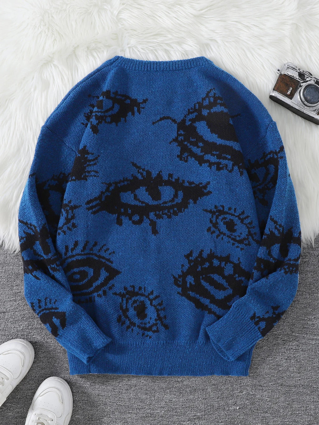 New Popular Autumn and Winter Abstract Eye Jacquard Pattern Pullover Sweater Casual Round Neck Knitted Men's Pullover