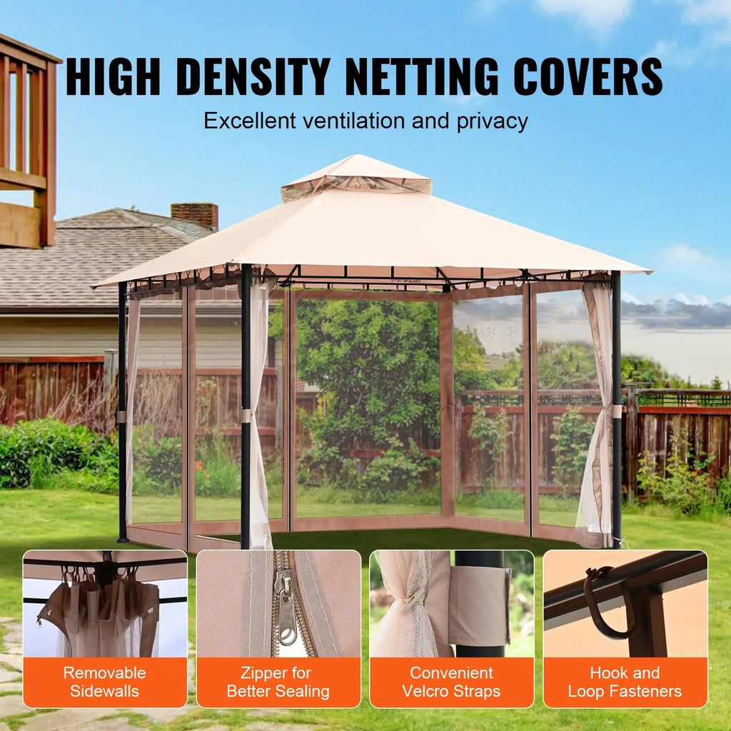 "10x10 FT Metal Frame Patio Gazebo with Mosquito Netting & PU Coated Polyester Canopy for 6-8 Person Backyard"