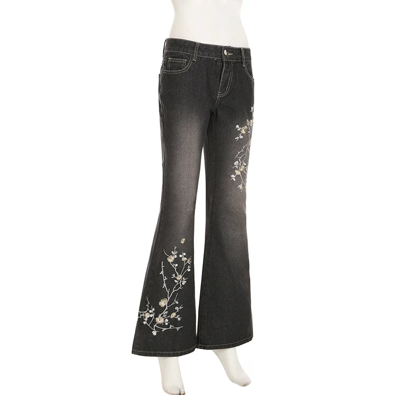 Weekeep Floral Embroidery Jeans Vintage 2000s Low Rise Flared Jeans Women Retro  Baggy Denim Pants High Street Basic Trousers
