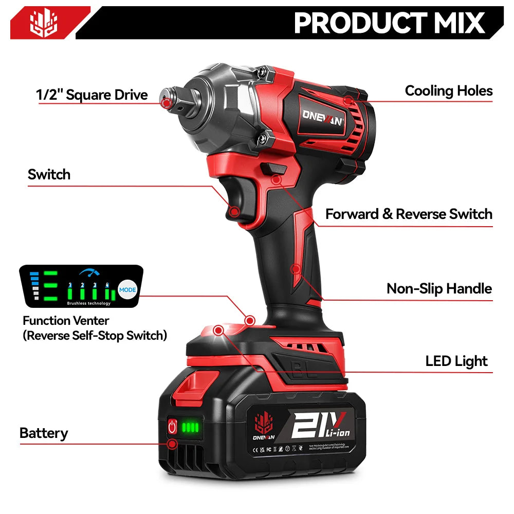 ONEVAN 1200N.M Torque Brushless Electric Impact Wrench 1/2Inch Cordless Wrench Screwdriver Power Tool For Makita 18V Battery Pin