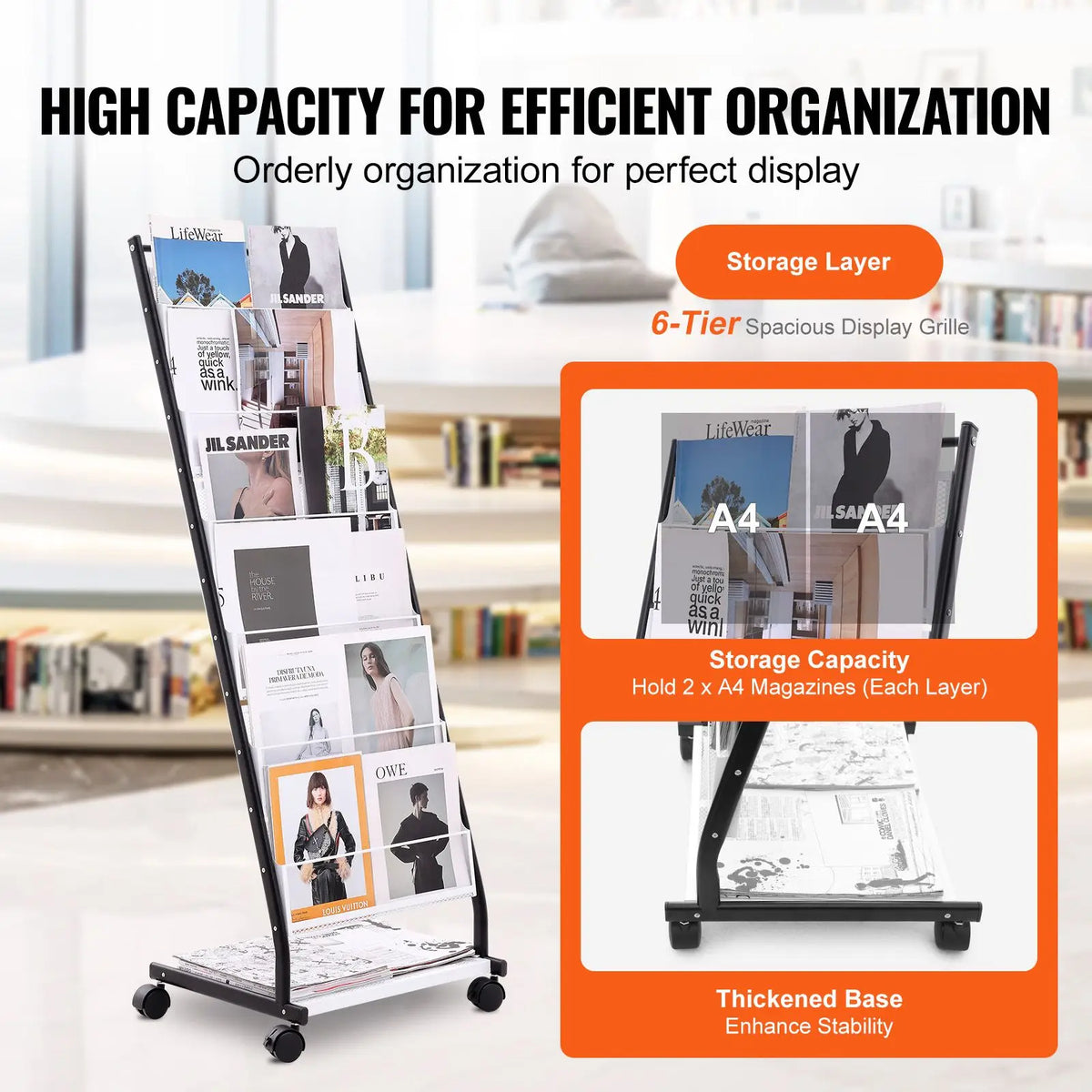6-Tier Floor Standing Magazine Rack Display Stand Brochure and Newspaper Catalog Holder Mobile and Convenient