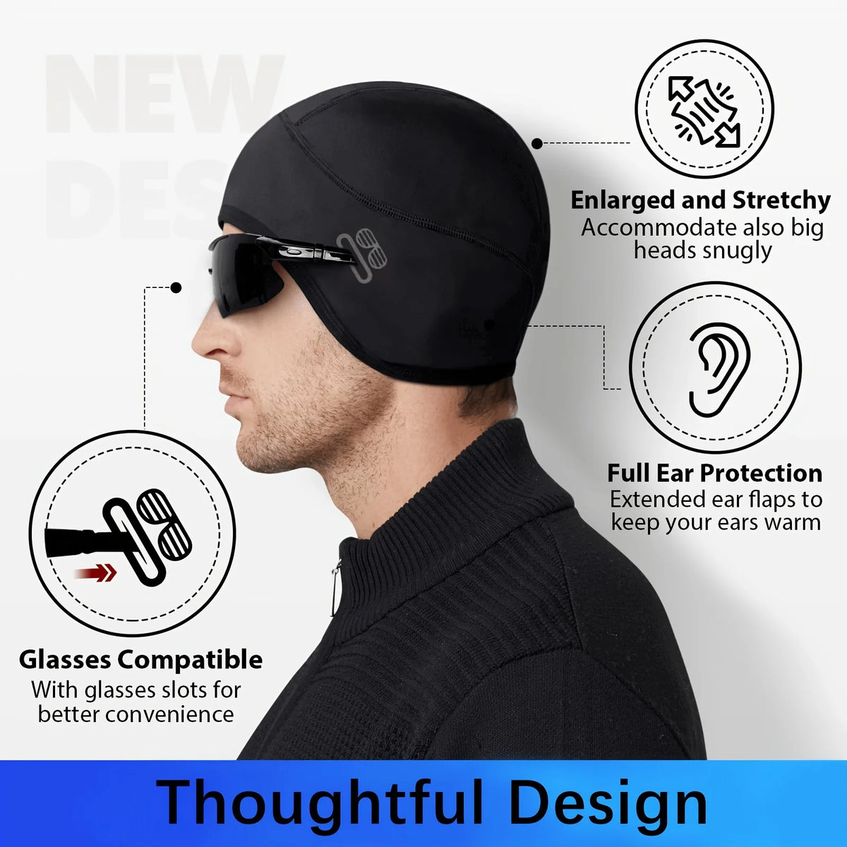 Winter Warm Cycling Skiing Cap with Glasses Holes, Cycling Helmet Liner for Men & Women Skiing Hat Liner