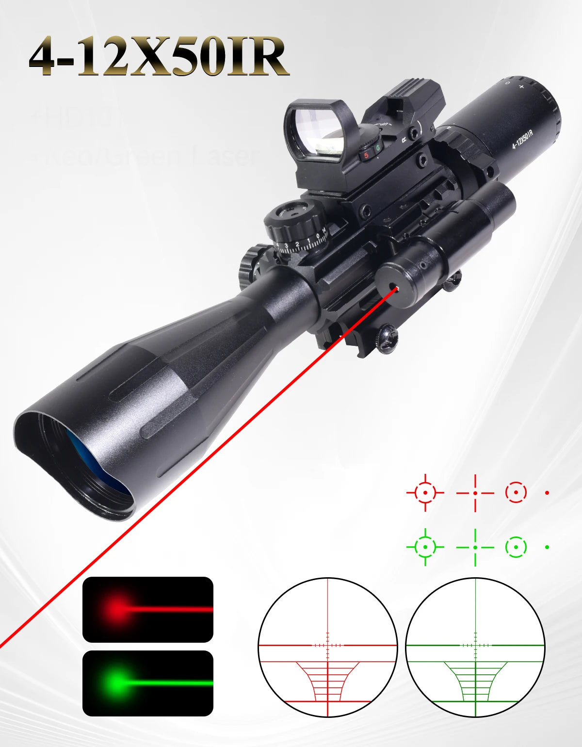 4-12X50ir Scope Red Green Two Color Illumination with HD101 HD103 4 Points Reticle Red Dot Optics Sight Hunting Combo