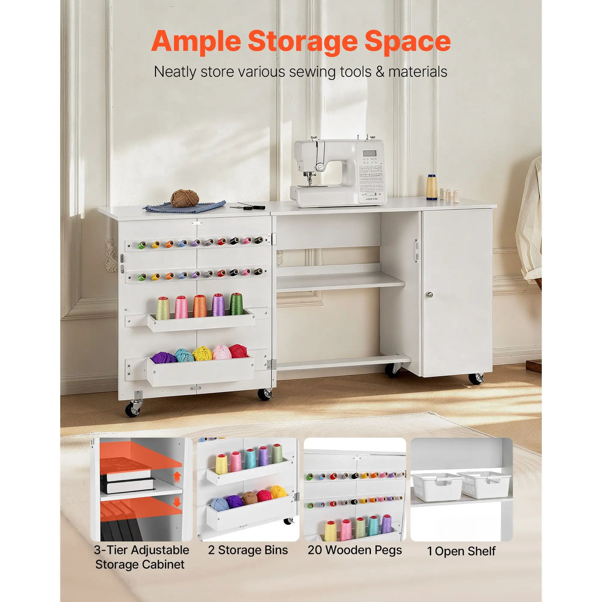 "Sewing Machine Table Cabinet with Foldable Design Compact Wheels Wooden Pegs & Storage Trays"