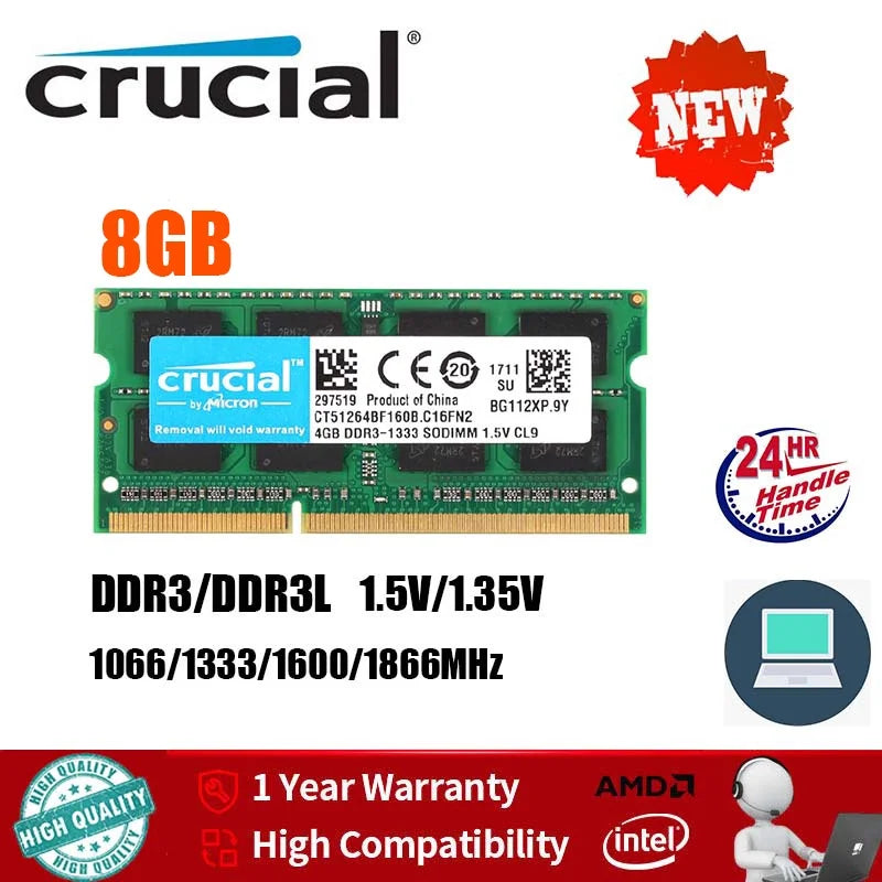 Crucial Notebook DDR3 RAM DDR3L 4GB 8GB SODIMM 1333 1666MHz 204Pin 1.35V/1.5V RAM PC3-10600 12800 FOR Laptop