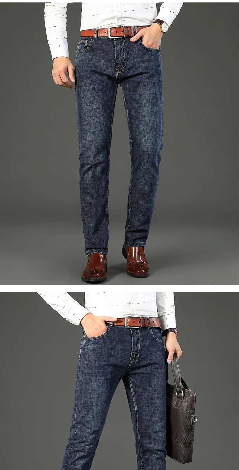2026 New Spring Autumn Men Classic Jeans Business Fashion Straight Regular Blue Stretch Denim Trousers Men's Smart Jeans