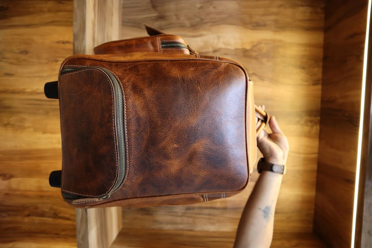 Vintage Design Durable Suitcase Real Leather Travel Luggage Bag Genuine Cow Leather Travel Bag With Wheels