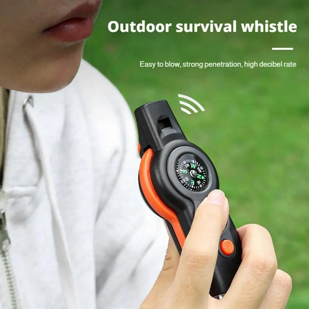 7in1 Emergency Survival Function Whistle Outdoor Multifunctional Survival Whistle with Lanyard Compass Flashlight Camping Hike ﻿