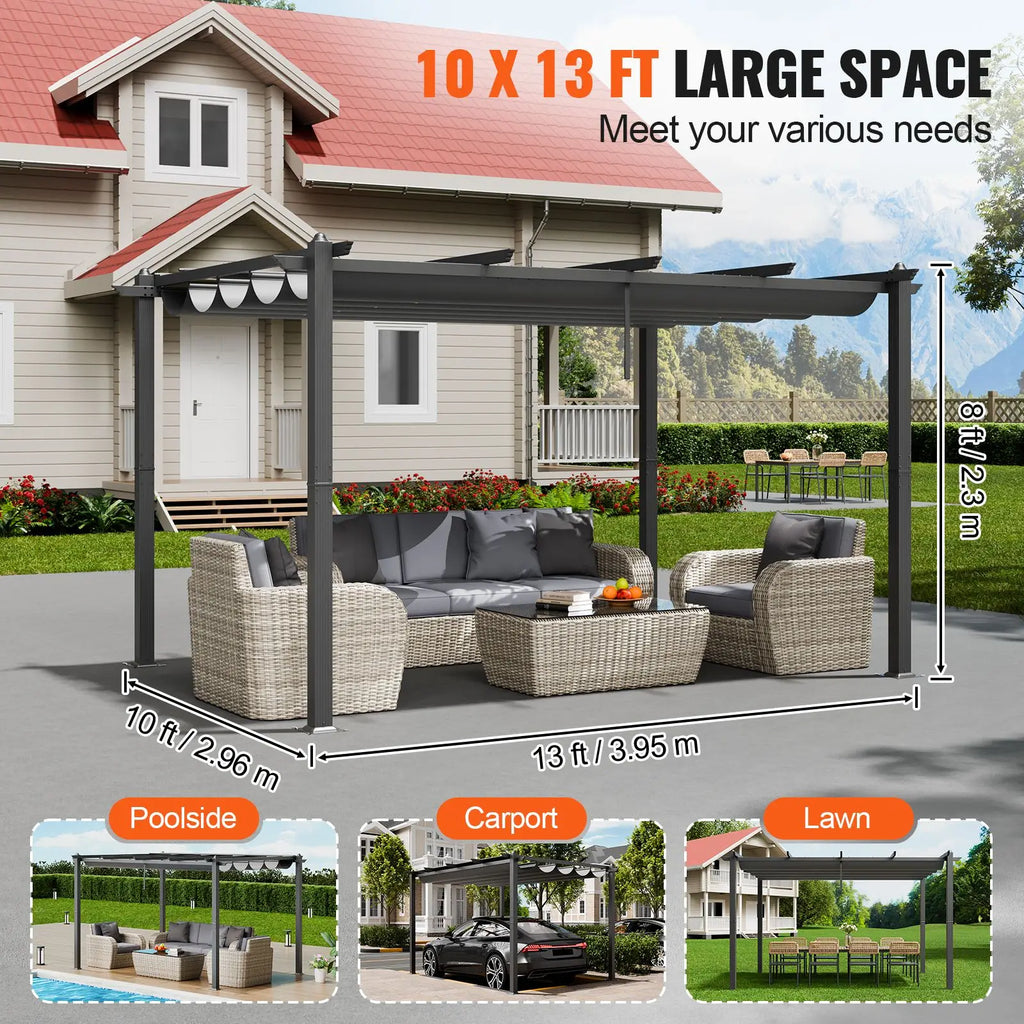 10FT X 13FT Modern Outdoor Retractable Pergola with Aluminum Canopy Sun Shade for Courtyard