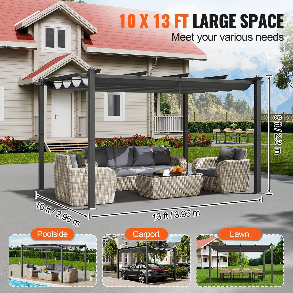 10FT X 13FT Modern Outdoor Retractable Pergola with Aluminum Canopy Sun Shade for Courtyard