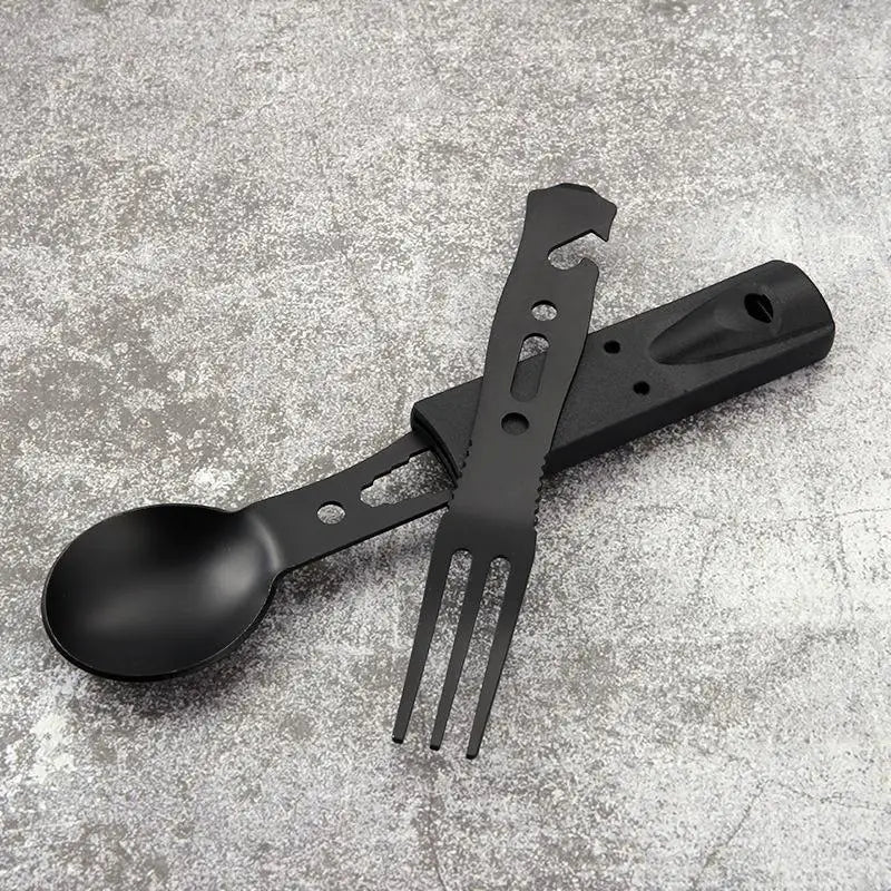 Outdoor Stainless Steel With Whistle Spoon Fork Set Multi Functional Camping Knives Camping Tableware Outdoor Wind Combination
