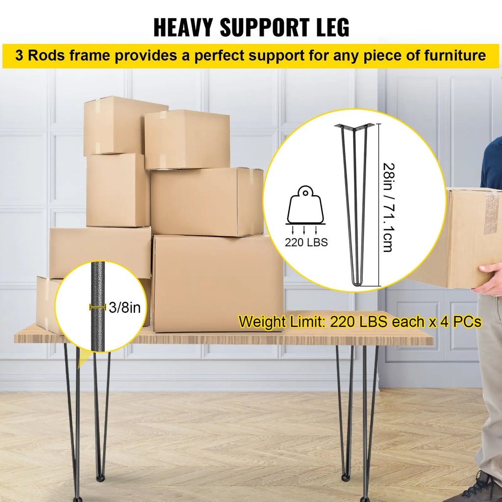 28\" Black Hairpin Table Legs Set of 4 880lbs Load Capacity (220lbs Each) Hairpin Desk Legs 3 Rods Bench Desk Dining for Parks