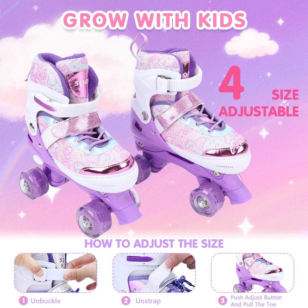 Tomshoo Roller Skates for Kids Girls Ages 6-12 4Size Adjustable Flashing Wheel ABEC Bearing Triple Protection for Outdoor Indoor