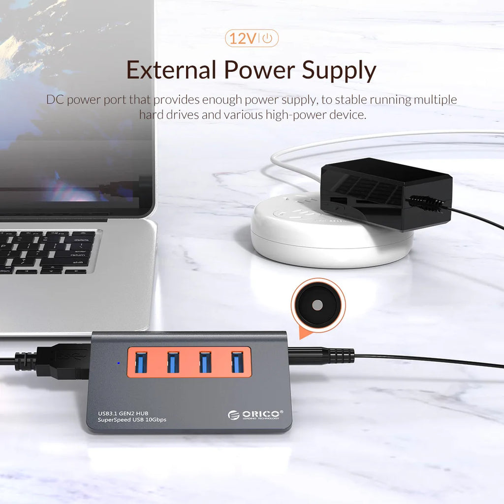 ORICO USB3.1 Gen2 HUB Aluminum USB HUB PC Splitter 10Gbps Super Speed With 12V Power Adapterfor MacBook PC Computer Accessories